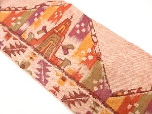 手織り真綿紬 抽象模様織り出し 名古屋帯